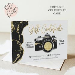 Black Gift Certificate Template, Photo Session Voucher Printable Template, Photography Voucher, Photo Gift Cards