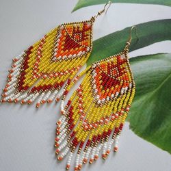 Large dangling earrings Statement earrings Geometric huichol beaded earrings Aztec earrings Yellow earrings