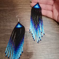 Extra long gradient earrings Seed bead earrings Boho ombre earrings Blue beaded fringe earrings