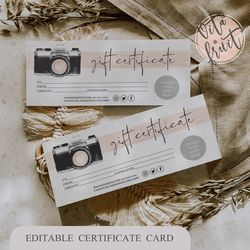 Photographer Gift Card Template, Modern Gift Card Photography, Editable Certificate, Photo Session Voucher Card