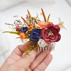 Wedding hair comb, Autumn hair piece,  Wood hair comb accessory,  Small wedding hair comb orange, Bridal flower hair pie