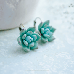 Teal succulent earrings, Succulents flower earrings, Cactus earrings, Green floral jewelry, Botanical earrings, Teal flo