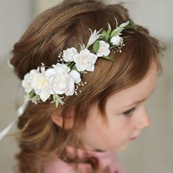 White flower crown, Baby halo, Baby floral crown, Rustic child flower crown, Child headband, First birthday