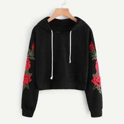 Embroidered Rose Applique Sleeve Hoodie Autumn Long Sleeve Casual Pullovers Women Black Sweatshirt
