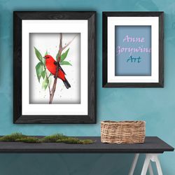 Bird Summer tanager bird painting, watercolor paintings, handmade home art bird watercolor painting by Anne Gorywine