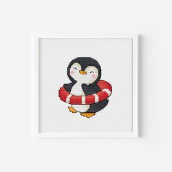 Baby Penguin Cross Stitch,Penguin Vacation Hand Embroidery Pattern PDF, Funny Summer Penguin Needlepoint Chart Digital F
