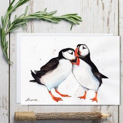 Bird puffin painting, watercolor paintings, handmade home art bird watercolor painting by Anne Gorywine