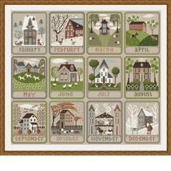 Cross Stitch Calendar Primitive Sewing Months of the Year Village Outline PDF, Primitive Modern Folk Embroidery, PDF 265