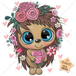 Cute Cartoon Hedgehog PNG, clipart, Sublimation Design, Children printable, Girl, Flowers, art