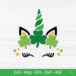 Unicorn with Shamrock SVG - St Patrick's Day SVG - Unicorn Face with Clover SVG PNG DXF EPS PDF