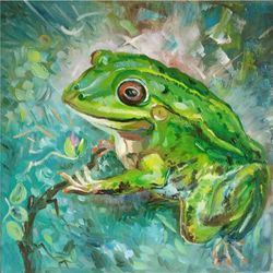 Picture of a Frog in a Pond. Picture for a Children's Room  .Green  Frog in the Pond