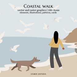 coastal landscape creator clipart, vector couple on beach illustration, PNG SVG, woman flying seagull sea lion clip art