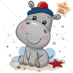 Cute Cartoon Hippo PNG, Beach, Sea, clipart, Sublimation Design, Adorable, Print, clip art