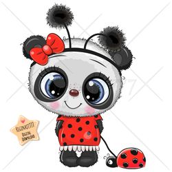 Cute Cartoon Panda Girl PNG, Ladybug, clipart, Sublimation Design, Glasses, Print, clip art