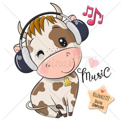 cute cartoon cow png, clipart, sublimation design, cool, print, clip art, headphones, music, pink