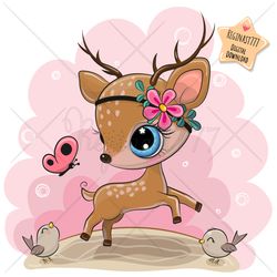 Cute Cartoon Deer PNG, clipart, Sublimation Design, Meadow, Pink, Children printable, Flowers, art