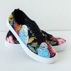 Tropical parrots in garden Custom Sneakers, Hand Painted Black Canvas Shoes, Personalized Gift for women