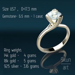 1. Wedding ring / Engagement ring  . US7 size ,1 carat.  CAD|STL|OBJ|3D file  for a 3d-printing,milling,visualisation
