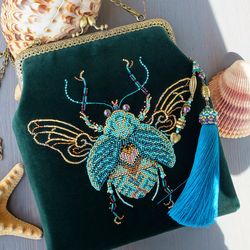 Turquoise beetle velvet bead embroidery evening bag with tassels, uniqie hand embroidery black crossbody purse