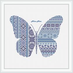 Cross stitch pattern Insect Butterfly silhouette geometric ornament monochrome blue wings counted crossstitch patterns