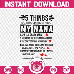 5 Things You Should Know About My Nana SVG, She Is A Crazy Nana And I'm Not Afraid To Use Her PNG, T-svg  designs for Gr