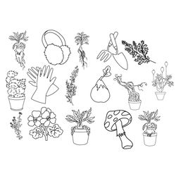 herbology plants and garden tools svg bundle, vector line art, cricut