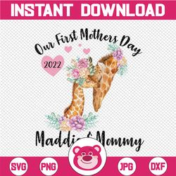 personalized name our first mother's day giraffe png, mother day png, mom and baby png mother's day png