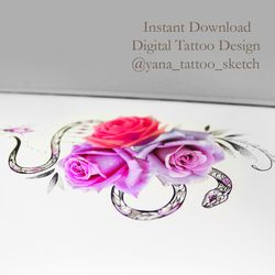 Snake Tattoo Sketch Snake Tattoo Design Drawing Snake And Flower Roses Tattoo Design, Instant download PDF, JPG, PNG
