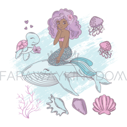 mermaid whale cartoon travel tropical vector illustration set