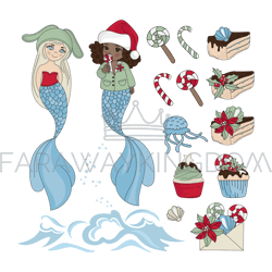 mermaid yummy new year cartoon vector illustration set