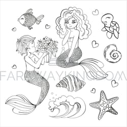 mermaids monochrome cartoon travel vector illustration set