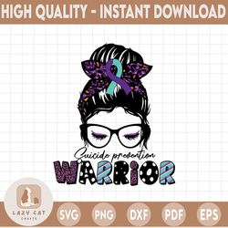 suicide prevention warrior, leopard messy bun, purple teal ribbon, suicide prevention awareness digital download