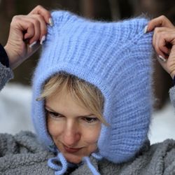 Angora women hat, Wool bonnet with ears, Knitted bonnet with cat ears Winter blue hat