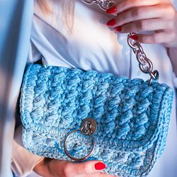 Crochet sky blue handbag for women, handmade summer bag