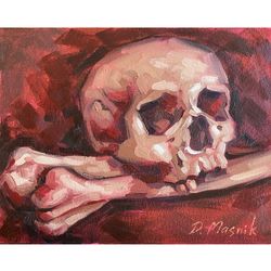 Skull And Bones Painting Original Skeleton Artwork Oil On Panel 8x10 Inch Anatomy Art