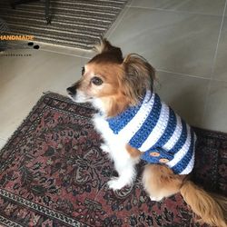 Blue and White Striped Dog Sweater, Small Dog Crochet Jacket, Pet Wear, Gift for Dog Lovers, Handmade Dog Coat, Small Do