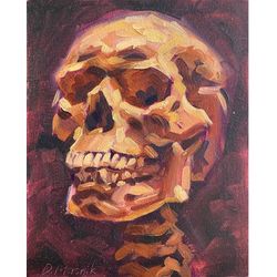 Smiling Skull Painting Original Skeleton Artwork Oil On Panel 8x10 Inch Anatomy Art