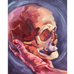 Human Skull Painting Original Skeleton Artwork Oil On Panel 8x10 Inch Anatomy Art