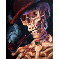 Smoking Skull Painting Original Skeleton Artwork Oil On Panel 11x14 Inch Anatomy Art