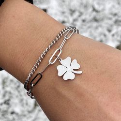 Four leaf clover bracelet, Stainless steel jewelry