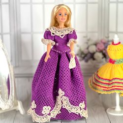 Barbie crochet elegant long dress, Victorian style crochet dress for barbie
