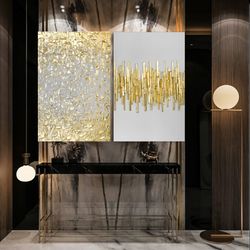 set of 2 painting gold leaf abstract, modern acrylic painting on canvas, large gold leaf abstract painting