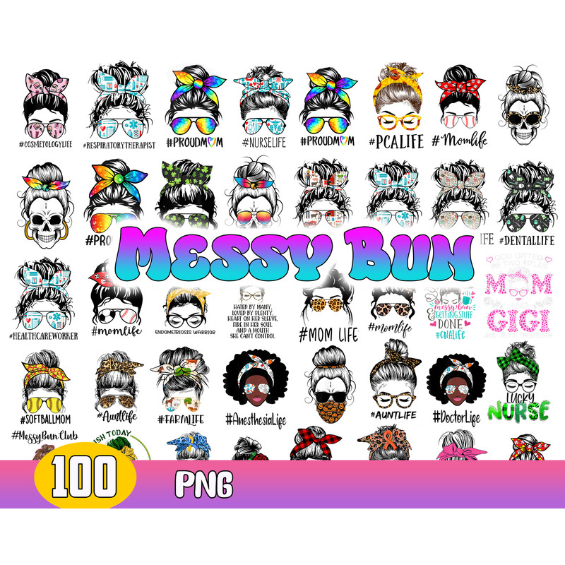 Bundle Messy Bun Svg, Mom Life Svg, Mon Skull Svg, Messy Hair Svg, Png Dxf Eps File .jpg