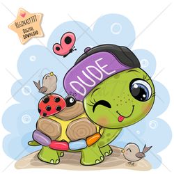 cute cartoon sea turtle png, clipart, sublimation design, cap, children printable, meadow, art