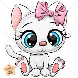 cute cartoon cat png, white, clipart, sublimation design, kitten, love, kitty, print, clip art