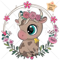 Cute Cartoon Cow PNG, Bull, clipart, Sublimation Design, Cool, Print, clip art, Flowers, Pink