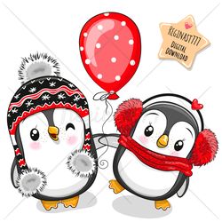 Cute Cartoon Penguins Boy and Girl PNG, clipart, Hat, Sublimation Design, Umbrella, Heart, Love, Print, clip art
