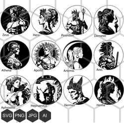unleash the power of the gods with our twelve olympians svg bundle: the legendary deities of ancient greece