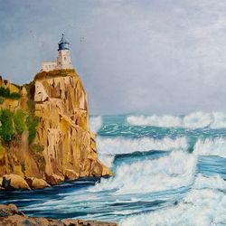 marine oil painting lighthouse picture 27*31 inch sea waves painting
