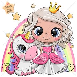 cute cartoon princess and unicorn png, clipart, sublimation design, children printable, illustration